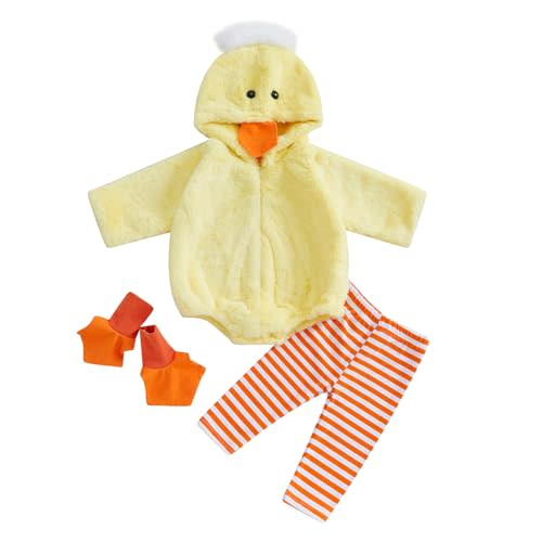 Twopumpkin Baby Chick Halloween Costumes Cute Infant Toddler Girl Boy Duck Costume Cape Sleeve Fuzzy Romper+Striped Leggings