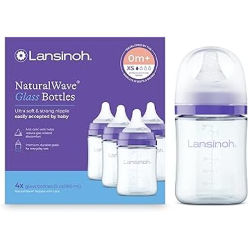 Lansinoh Anti-Colic Glass Baby Bottles, 5 Ounces, 4 Count Bottles for Feeding, Baby Essentials, Includes 4 Extra Slow Flow Nipples, Size XS
