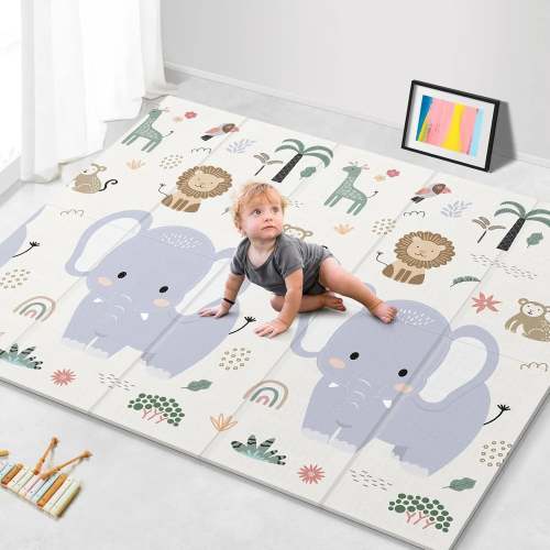 79x71 Foldable Play Mat for Baby,  Elephant+Monkey