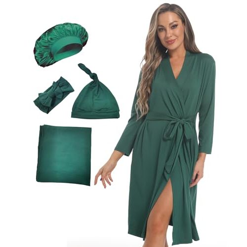 WINROLA Maternity Robe with Matching Swaddle Set Soft Maternity Gown Long Sleeves Mommy Robe Receiving Blanket Set