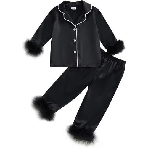 Toddler Baby Girl Satin Pajamas Set Fuzzy Trim Button Down Sleep Shirt Top Pants Bottoms Sleepwear Loungewear Set