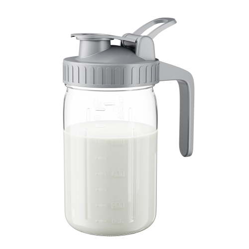 GOSCHE Breast Milk Pitcher Wide Mouth Glass Mason Jar Pitcher Leak Proof Milk Pitcher with Lid and Pour Spout Gray 32oz