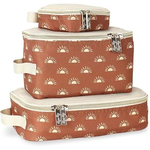 Itzy Ritzy Packing Cubes Set of 3 Travel Organizers; Each Cube Features Mesh Top, Double Zippers, Fabric Handle; Terracotta Sunrise
