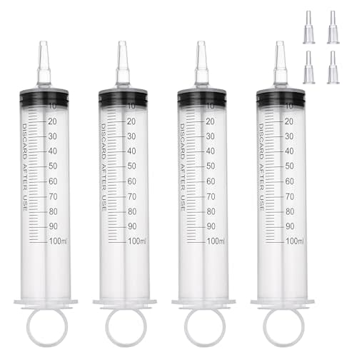 4 Pack 100mL Syringes, Large Plastic Syringe with Tip Adapter for Liquid, Dispensing, Watering, Scientific Labs,Measuring,Refilling