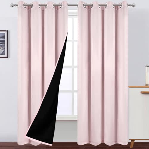 LEMOMO 100% Blackout Curtains 52 x 84 Inches Long Thermal Insulated Baby Pink Curtains with Black Liner Set of 2 Panels for Nursery Room