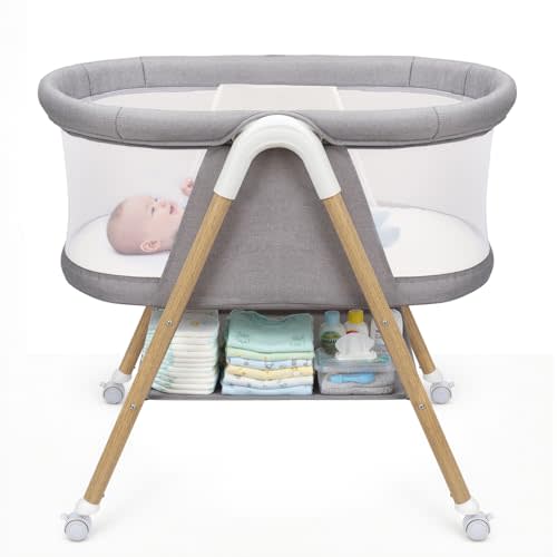 Uuoeebb Baby Bassinet, Upgrade Breathable Mesh Bedside Bassinet for Baby | Bassinet Bedside Sleeper with 360° Silent Wheels, Stable Bedside Crib, Storage Tray Basket, Easy Move, Easy to Install, Grey