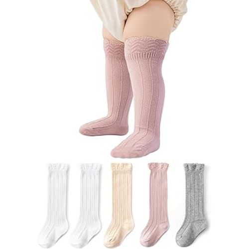 Zando Toddler Girls Knee High Socks 5-Pack, Soft Cotton Long Tube Ruffle Socks for Preemie Infant Newborn Toddler 0-3T