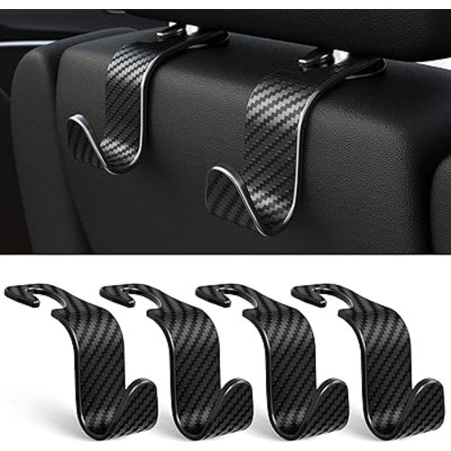 Amooca 4-Pack Car Headrest Hooks Vehicle Storage Organizer for Purses Handbags Groceries Coats –Holds 55lbs 360° Rotating Simple Design Black Checkered