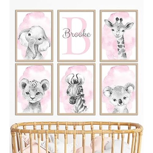 Safari Animals Set of 6 Unframed Poster Prints for Baby Girls Nursery Bedroom Playroom, Personalized Name, Choice of 12 Animals, Pink Purple (8x10)
