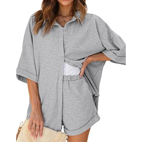 Ekouaer Waffle Knit Lounge Sets for Women Short Sleeve Pajamas Button Down Pjs Oversized Loungewear Shorts Set