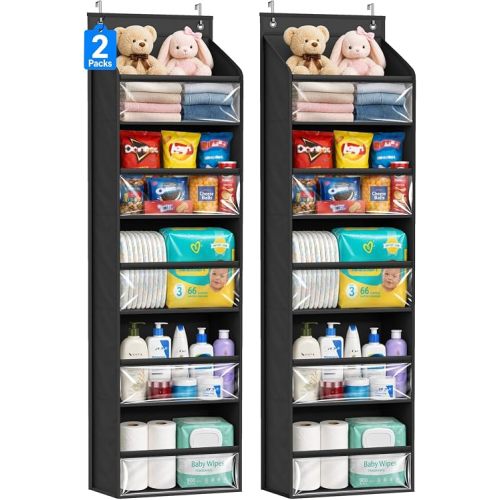 AOODA 2 Pack Over the Door Organizer, Large Capacity Closet Door Hanging Organizer, Clear Deep Pockets Baby Storage for Nursery, Bathroom, Bedroom, Pantry, Diapers (Black)