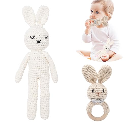 2PC Wooden Baby Bunny Rattle & Crochet Doll Plush Stuffed Rabbit Animals Toy for Newborn Baby | 100% Handmade Infant Soothe Toys for Sensory and Early Grips Development Thanksgiving Gifts