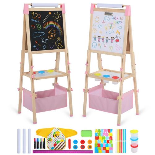Kinder King Kids Art Easel Double-Sided Art Easel with Whiteboard and Chalkboard for Painting, Pink