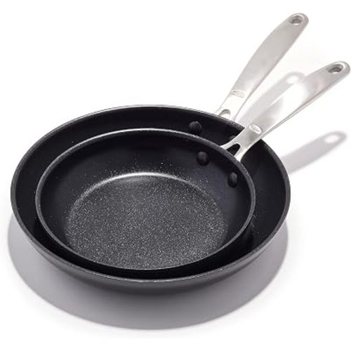 OXO Enhanced 8" and 10" Frying Pan Skillet Set, Healthy Ceramic Nonstick, PFAS-Free, Stainless Steel Handle, Dishwasher Safe, Oven Safe, Black