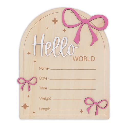 Hello World Baby Birth Stats Sign Wooden Keepsake with Pink Bow, Newborn Photo Prop, Nursery Decor, Baby Shower (Pink)