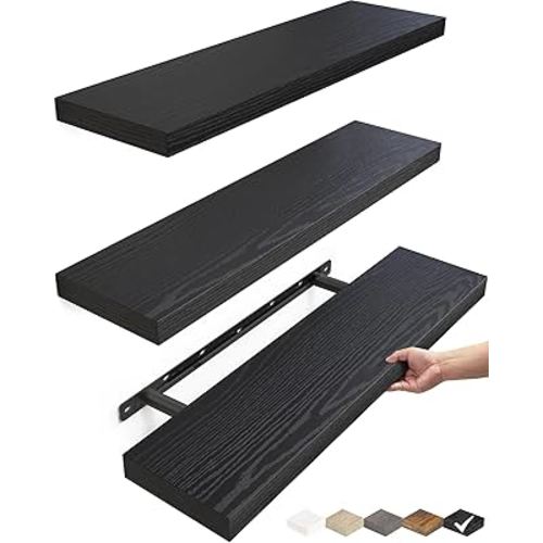 BAYKA Floating Shelves for Wall, 22.5 inches Wall Mounted Rustic Wood Shelves for Bathroom, Bedroom, Living Room, Floating Shelves for Books/Storage/Decor (Black,Set of 3)