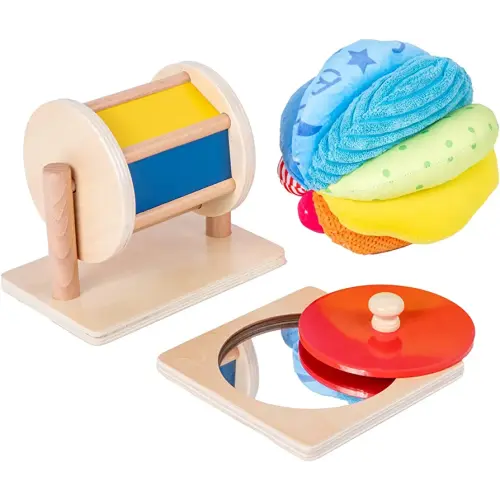 Montessori Baby Toys Play Kit - Mirror, Peekaboo, Knob Puzzle, Spinning Drum, Rainbow Ball - 6-12 Months Toddlers