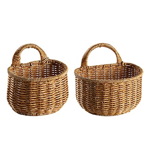 2 Wall Hanging Baskets Storage Basket Organizer For Flowers,Plants,Woven Baskets For Kitchen Bedroom Living Room Home Décor,Portable Wall Hanging Flower Basket Organizer Fruit Vegetable Rattan Box