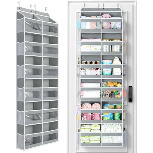 Yecaye 6-Tier Over The Door Organizer Dual-Column of 12 Compartments, College Dorm Essentials with Clear PVC Windows, Heavy Duty Door Organizer Hanging for Bedroom Bathroom Pantry Nursery, Grey 1 Pack