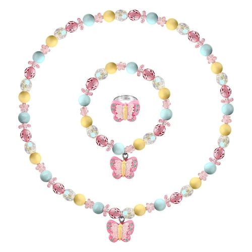 Butterfly Stretch Necklace Little Girl Toddler Necklace Bracelet Set, Little Princess Jewelry Kids Play Necklaces Butterfly Rings for Kids