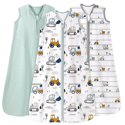 Unnivoll Baby Sleep Sack 6-12 Months 0.5 Tog Wearable Blanket Baby, 3 Pack 100% Cotton Lightweight Sleeping Sack with 2-Way Zipper for Newborn Infant Excavator
