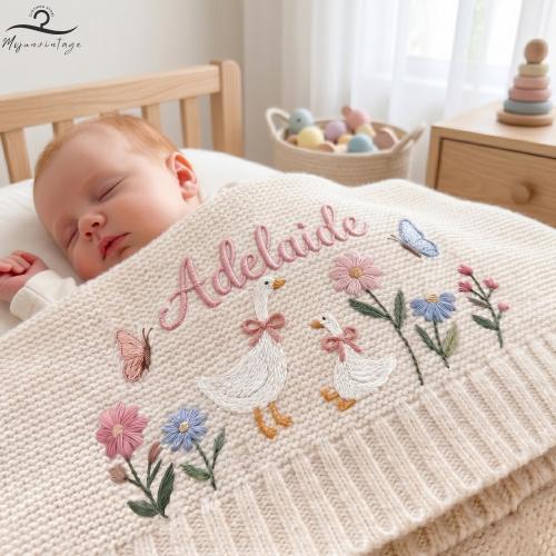 Embroidered Floral Goose Baby Blanket, Cute Newborn Nursery Decor, Baby Girl Shower Gifts, Welcome Baby Blanket, Newborn Gift For Baby