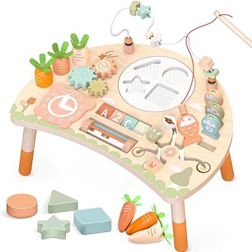Wooden Activity Table, 9-in-1 Montessori Sensory Play Table with Shape Sorter Fishing Game Bead Maze, Baby Activity Center Learning Toys for Toddler