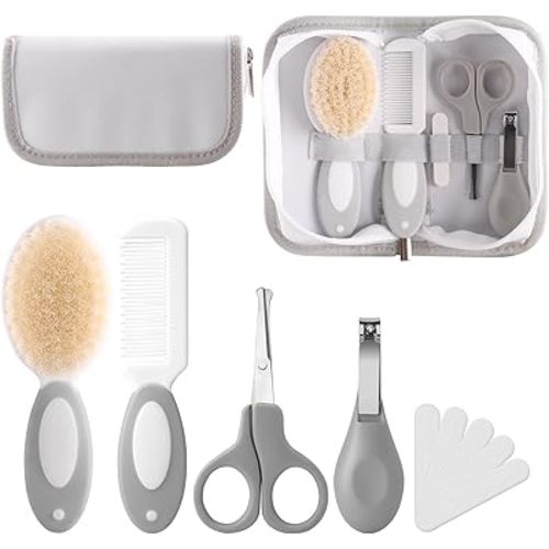 Baby Grooming Kit with Storage Pouch Baby Brush Soft Bristles 5 pcs-Infant Brush, Rounded Comb, Safety Scissors, Nail Clippers & Emery Board -Health Care Kit for Newborns & Toddlers Gray