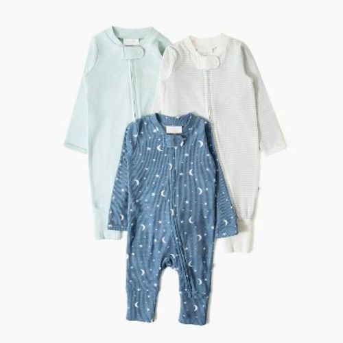 Picolette by Olivia Culpo Baby Boys' 3pk Long Sleeve Pajama Romper fold over footie cuff - Blue Newborn