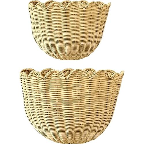 Scalloped Wall Basket, 2 Pack Hanging Wicker Wall Baskets,Hand Woven Wall Storage Organizer, 2 Sizes Wall Baskets Storage for Home, Bathroom, Kitchen, Living Room
