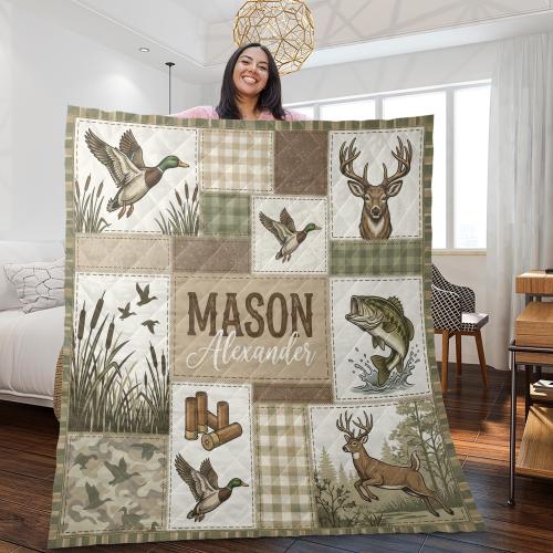 Personalized Hunting Fishing Quilt Blanket, Deer Duck Bass Patchwork Camo Throw