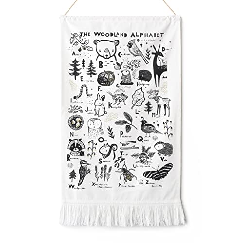 Wee Gallery Woodland Animal Alphabet Tapestry - Organic Cotton Fabric Wall Art Adds Texture and Style to Bedroom, Nursery, or Play Room Decor - Educational Gift for Baby and Kids