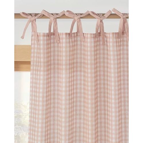 NICETOWN Blush Pink Gingham Curtains for Gilrs Room, DIY Tie Top Bow Knot Plaid Window Drapes for Kids Room, Cute Coquette Cottagecore Semi Sheer Light Filtering Drapes, W52 x L84, 2 Panels