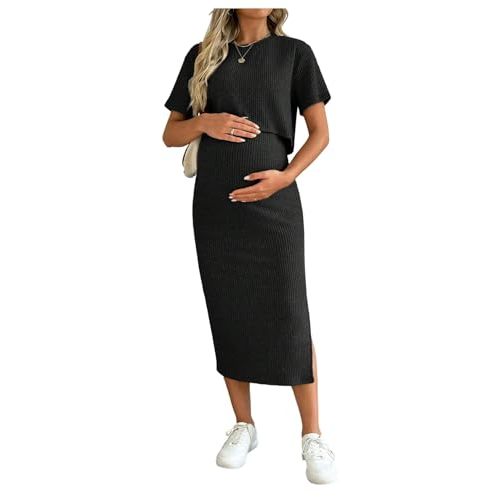 SHENHE Women's Maternity Ribbed 2 Piece Outfits Crop Top Bodycon Midi Skirt | Maternity Sets,Maternity Skirt,Maternity 2 Piece Outfit
