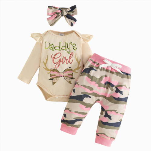CAICJ98 Baby Girl Clothes Set Daddys Little Girl Long Sleeve Ruffle Romper Top Camouflage Pants with Headband Newborn Infant Baby Girl Outfit (Pink,3-6 Months)