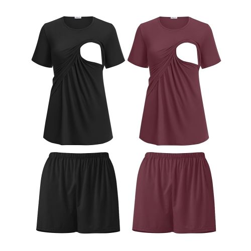 Ekouaer 2 Pack Women's Nursing Pajamas Set Double Layer Maternity Pjs Postpartum Loungewear Set Breastfeeding Tops & Shorts
