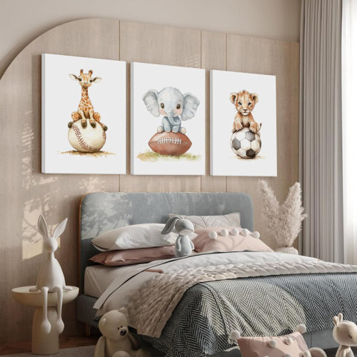 Ophelia & Co. Sports Nursery Wall Art Baby Room Canvas Pictures Safari Animal Wall Decor Jungle Nursery Prints Kids Poster Cute Painting Football Soccer Baseball Artwork For Bedroom 12X16x3 Inch Ready To Hang | Wayfair