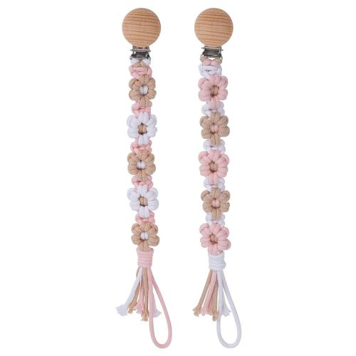 Pacifier Clip for Boys Girls Floral Daisy Macrame Baby Paci Clip Pacifier Holder Leash Boho Wooden Clips Handmade Braided Cotton Binky Clips (2pack:Khaki Style × 2)