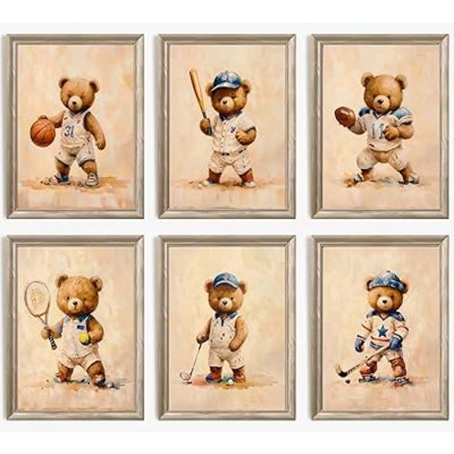 6Pcs Teddy Bear Nursery Canvas Wall Art Sports Cute Bear Painting Picture Wall Decoration Poster Print Artwork for Baby Room Kids Room Bedroom Home Decoration