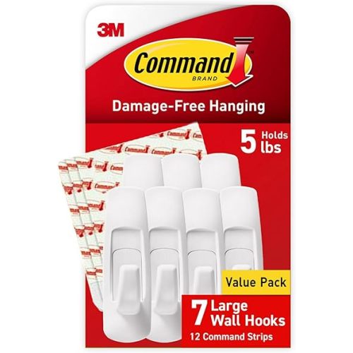 Command 5 lb Large Utility Hooks, 7 Hooks and 12 Strips, Damage-Free Hanging Wall Hook with Adhesive Strips, No Tools Required, Great for Home Kitchen Office Organization