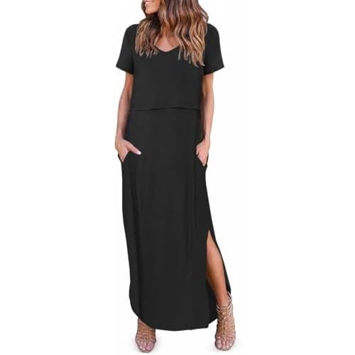 Ekouaer Women's Nursing Dress Summer V Neck Short Sleeve Maternity Split Long Dresses for Breastfeeding with Pockets S-XXL