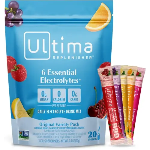 Ultima Replenisher Daily Electrolyte Powder Drink Mix – Sugar Free – Original Variety, 20 Stickpacks – Hydration Packets with 6 Electrolytes and Minerals – Keto Friendly, Vegan, Non-GMO