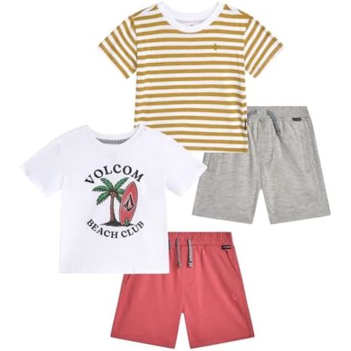 Volcom Baby Boys Shorts Set - 4 Piece Soft Cotton Blend Graphic Short Sleeve T Shirts and Boys Shorts for Infant and Toddler