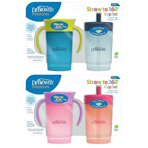 Dr. Brown's Milestones Straw to 360° Cup Set, Convertible Toddler Training Cup Set with Lids, Blue/Green/Pink/Coral, 10 oz/300 mL, BPA Free, 9m+, 4 Pack