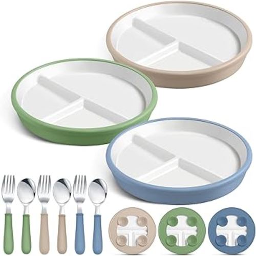 3 Pack 8" Large Porcelain Toddler Plates Feeding Set, Ceramic Kids Suction Plates with Anti Slip Silicone Sleeve for Baby 3 Spoons and Forks Divided Kids (Blue,Green,Beige)