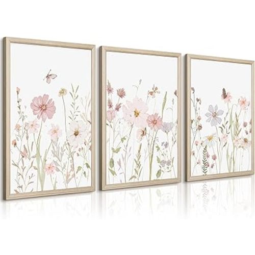 Wildflower Nursery Wall Art Pink Watercolor Floral Painting Baby Girl Nursery Canvas Wall Decor Vintage Botanical Flower Picture Boho Wildflower Prints for Bedroom 16x24x3 Inch Framed