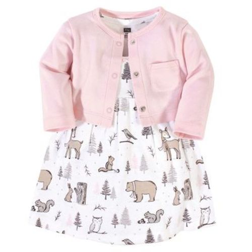 Hudson Baby Infant and Toddler Girl Cotton Dress and Cardigan 2pc Set, Winter Forest, 0-3 Months