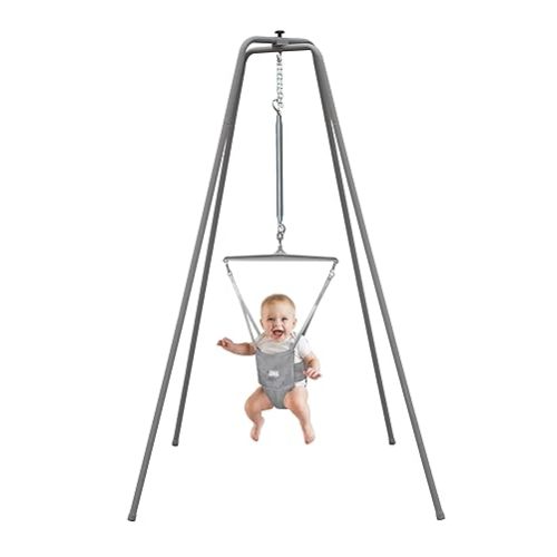 Jolly Jumper Elite (Grey) Baby Exerciser - Sturdy Frame, 6 ft Tall Stand Baby Jumper, Indoor and Outdoor Exercise Saddle Seat, Adjustable Height, for Infants up to 28 lbs