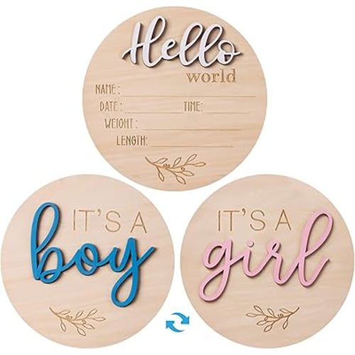 2-in-1 Gender Reveal Sign and Hello World Announcement Signs, It's a Boy or GirlSign Newborn Announcement Set, Wooden Baby Welcome Sign for Hospital, Nursery he or she signfor Newborn Boys and Girls