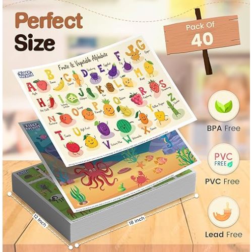 40 Pack Waterproof Disposable Placemats for Baby, Place mats for Kids, Toddler - Kids Placemats for Dining Table Tyke, Restaurants, and Travel (Aquarium, Alphabet and Zoo Theme)